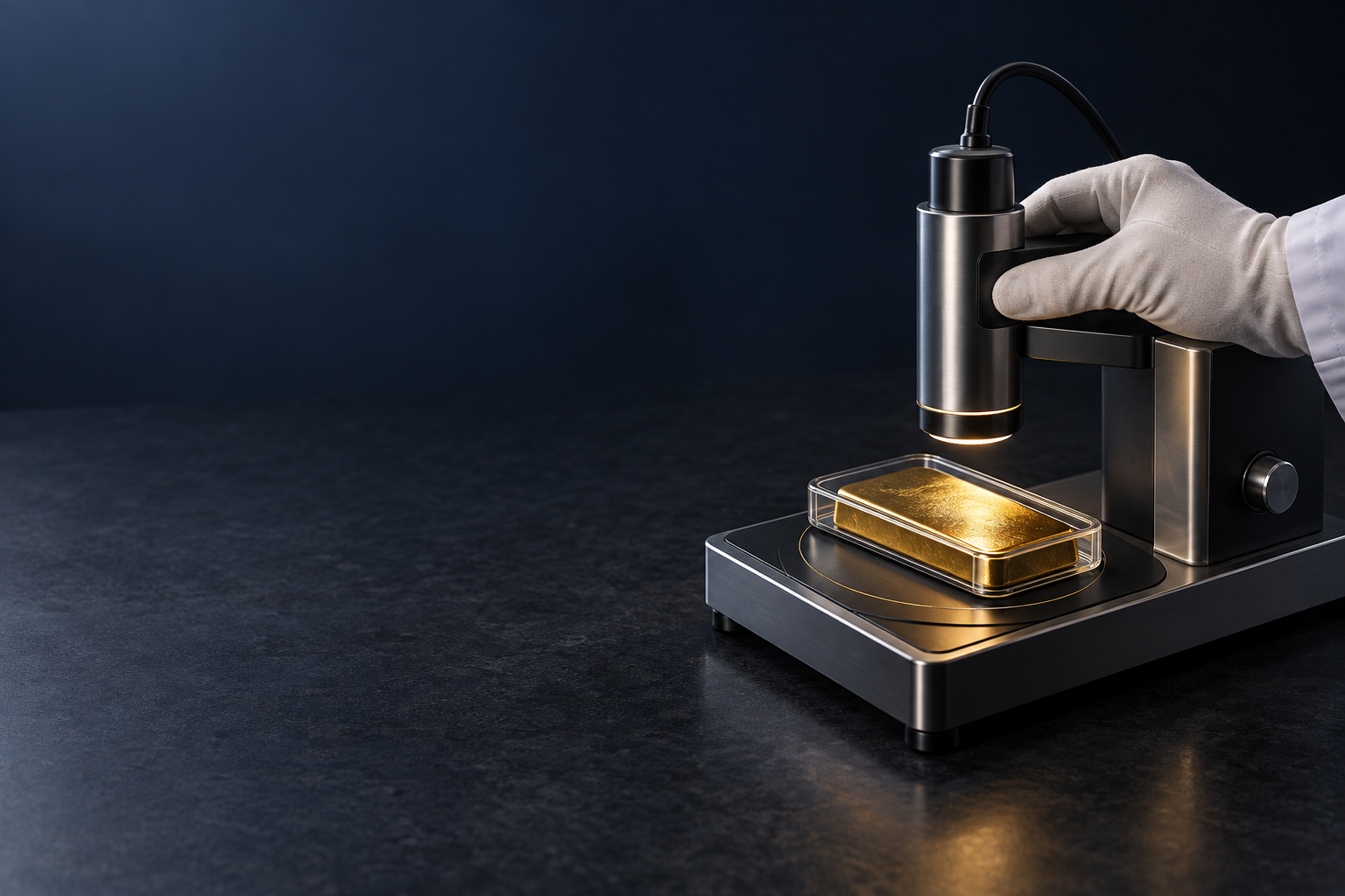 A sealed gold bar being checked with non-destructive verification equipment